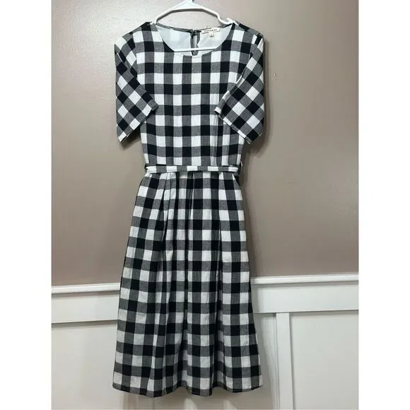 NWOT Jessakae Black & White Plaid Picnic Waist Tie Mini Dress Women's Small - Picture 2 of 13